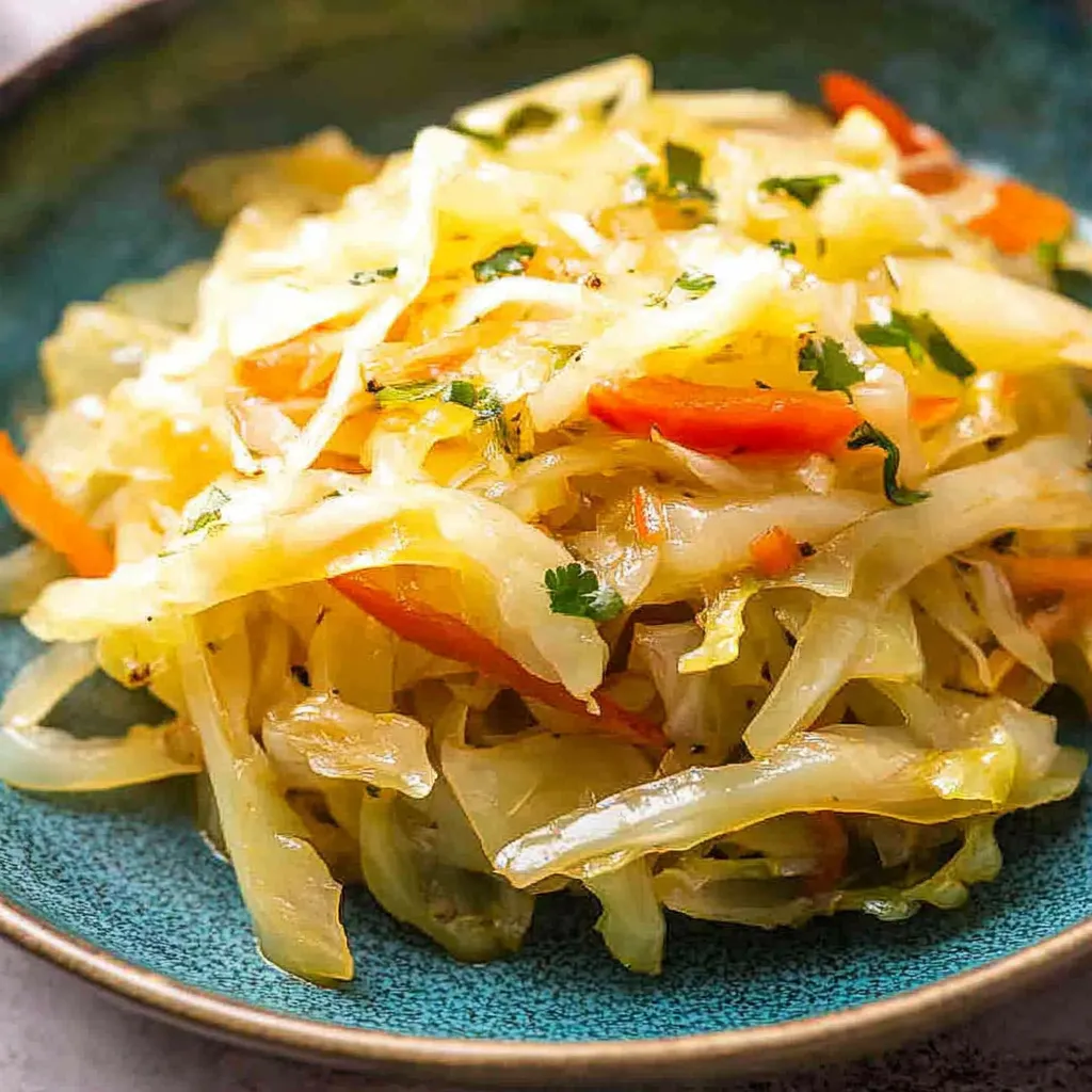 A colorful plate showing steamed cabbage with carrots and peppers for a fresh and vibrant dish.