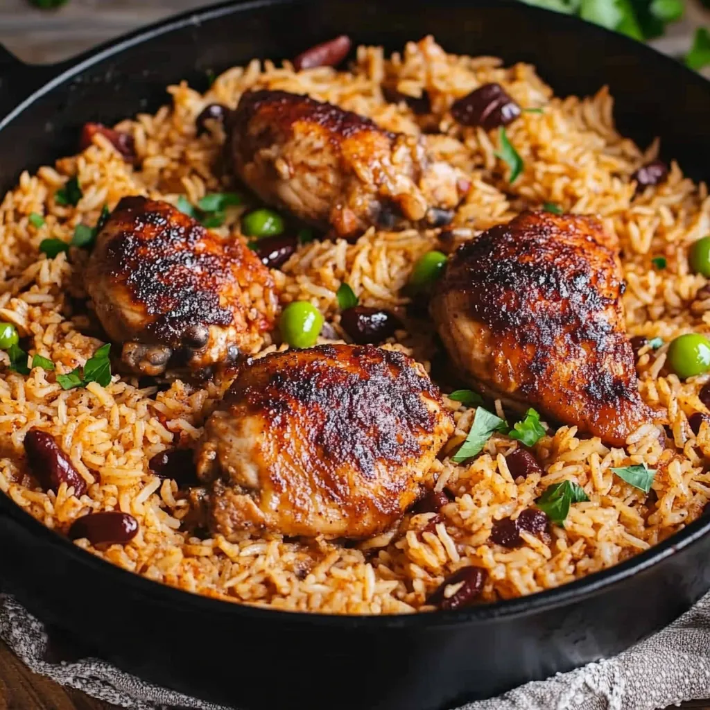 A mouthwatering plate of chicken and rice with beans and peas.