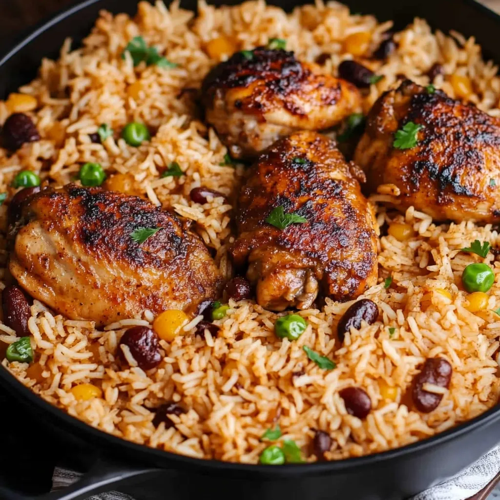 A delicious rice dish with chicken and peas.