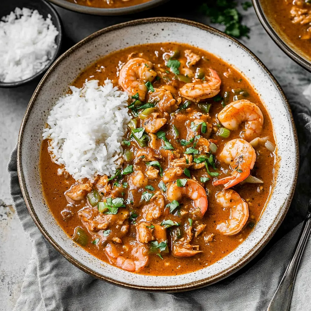 A steaming bowl of rice topped with shrimp and a spoon resting on the side.