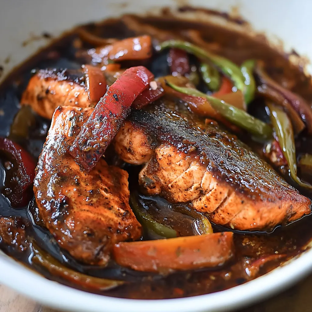 A flavorful dish of salmon and vegetables in a bowl.