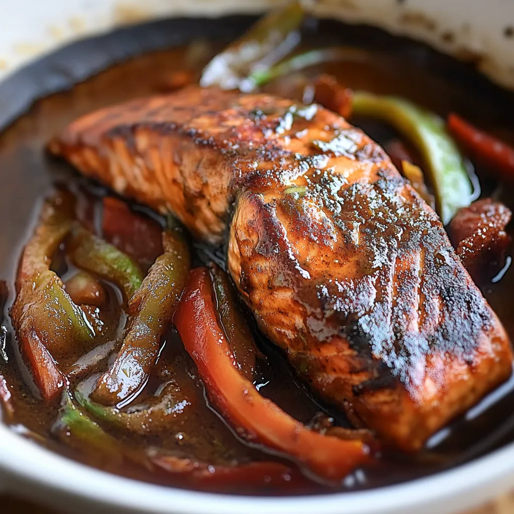 A close-up of a delicious meal, featuring a piece of fish and a variety of vegetables, including carrots and peppers.