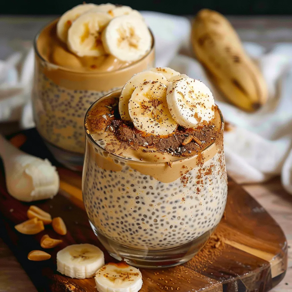 Two glasses of chia pudding with banana slices and nuts served on a table.