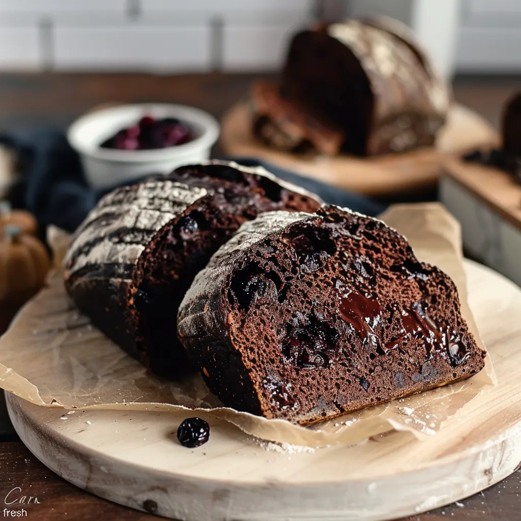 A freshly baked bread loaf dotted with chocolate chips sits on a rustic wooden table.