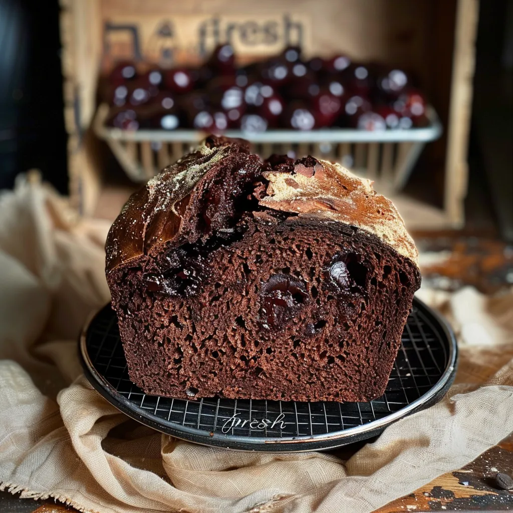 A freshly baked chocolate bread with cherries on top, sitting on a plate.