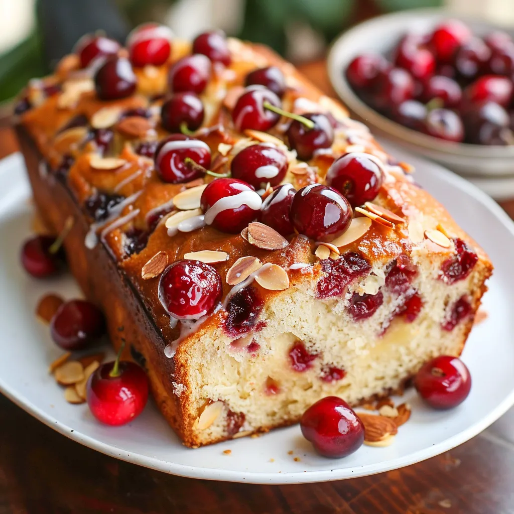 A beautifully baked loaf topped with bright cherries and almonds.