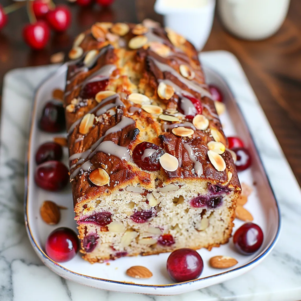 A delicious cake with cherries and almonds on top.