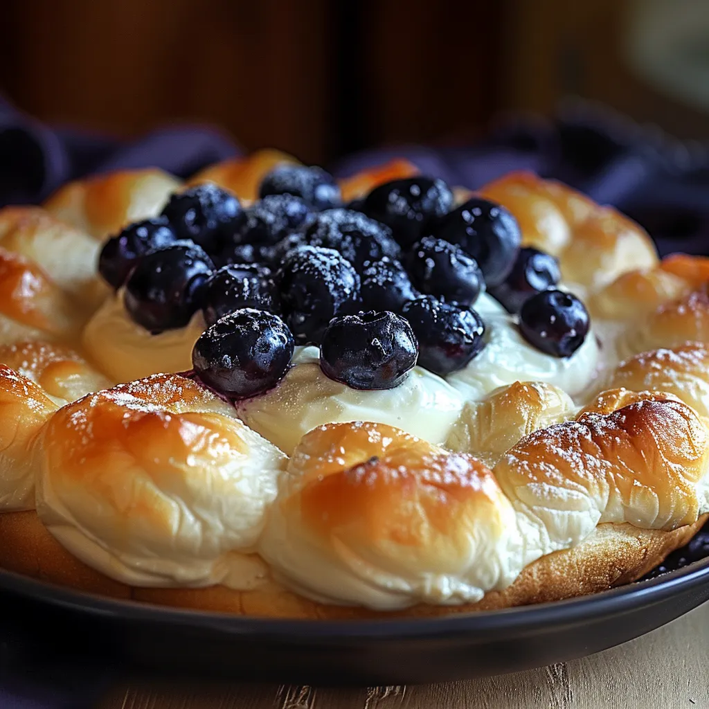 A tasty cloud bread topped with blueberries and cream.