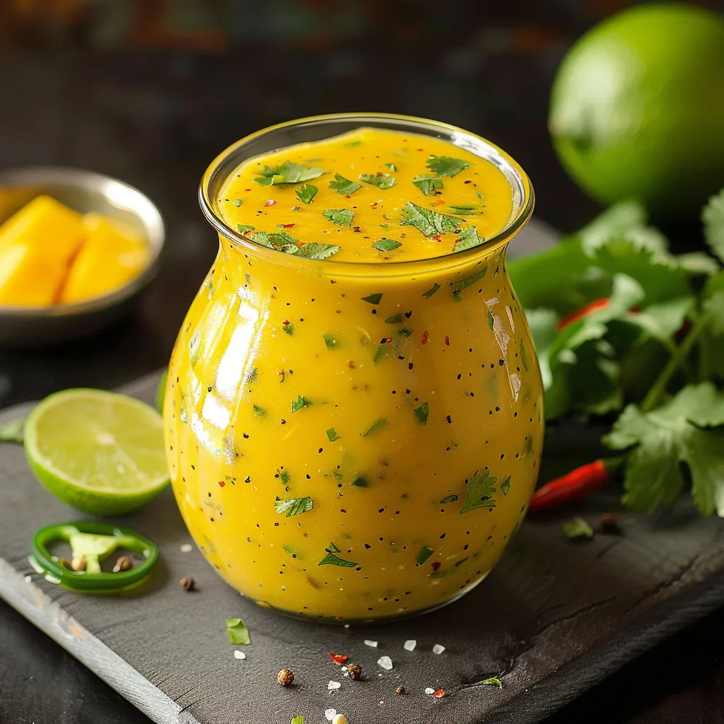 A glass of yellow sauce with green spices on a table.