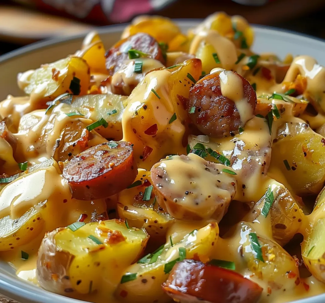 A plate of food with sausage, potatoes, and cheese.