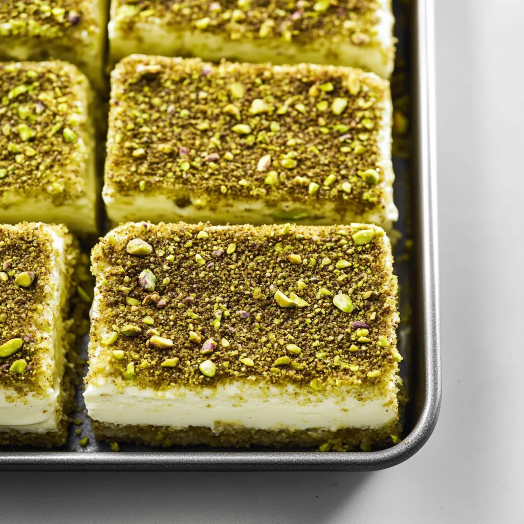 Layered pistachio tiramisu dessert with dusted top