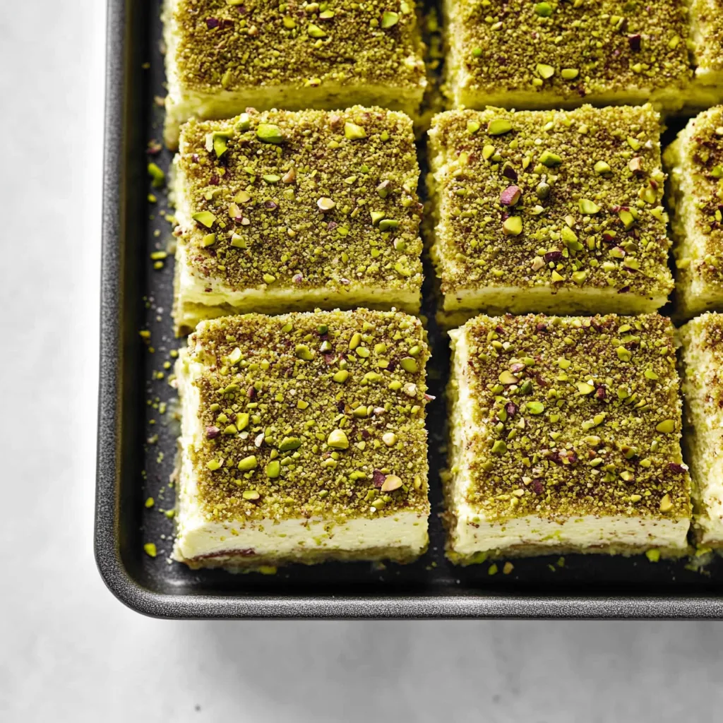 Slice of pistachio tiramisu on dessert plate