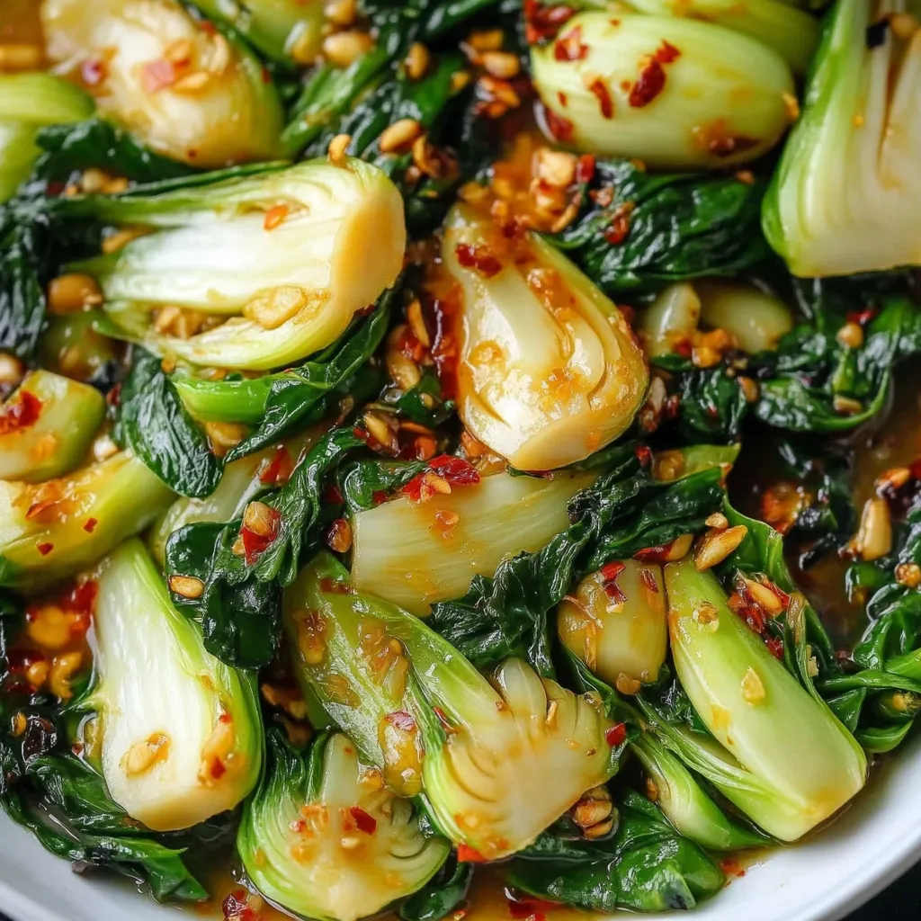 A savory bowl of greens with a glossy, spicy sauce.