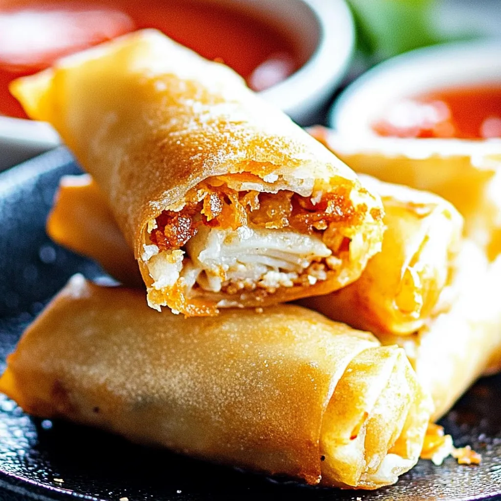 A serving plate featuring crispy golden rolls paired with a dipping sauce.