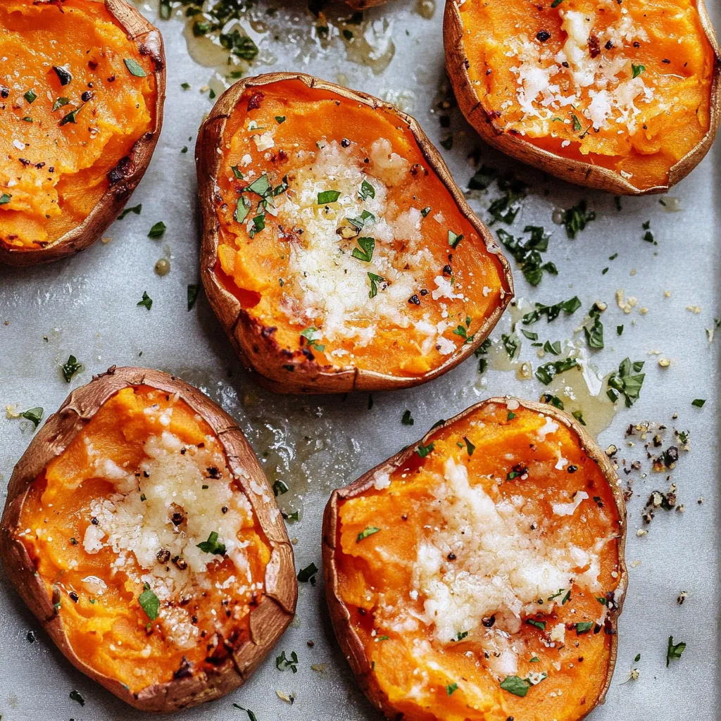 Garlic Butter Smashed Sweet Potatoes With Parmesan Cheese Recipe