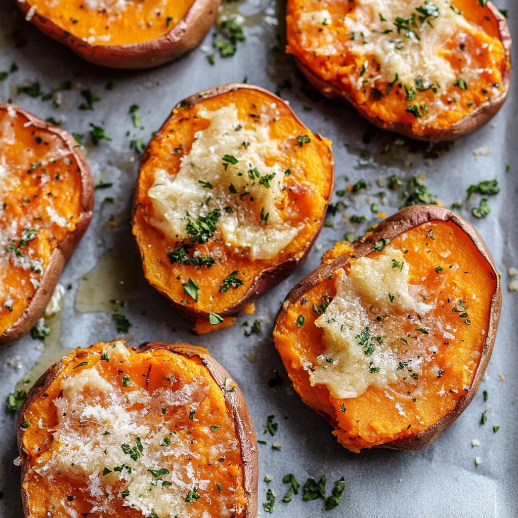 Easy Garlic Butter Smashed Sweet Potatoes With Parmesan Cheese Recipe