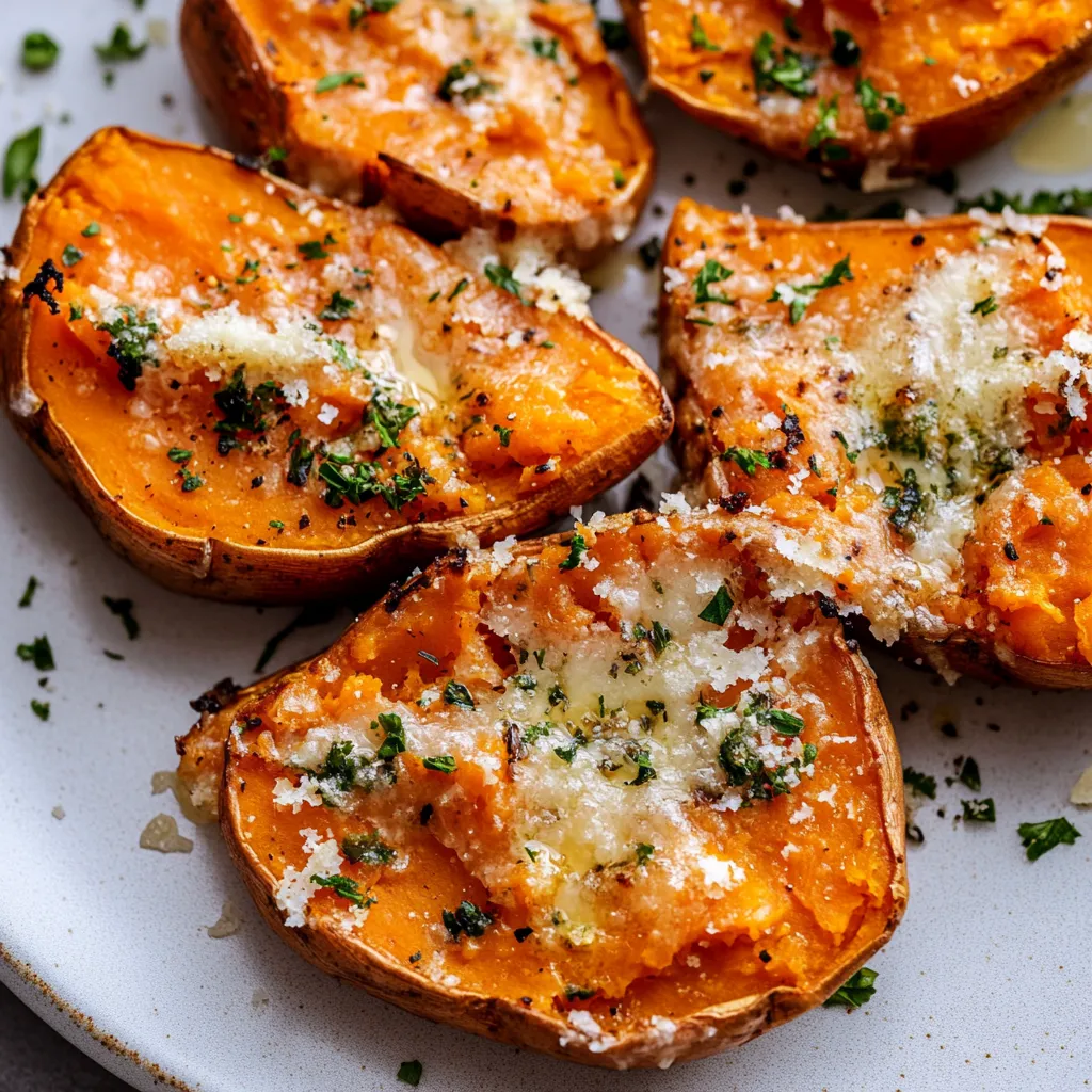 Delicious Garlic Butter Smashed Sweet Potatoes With Parmesan Cheese Recipe