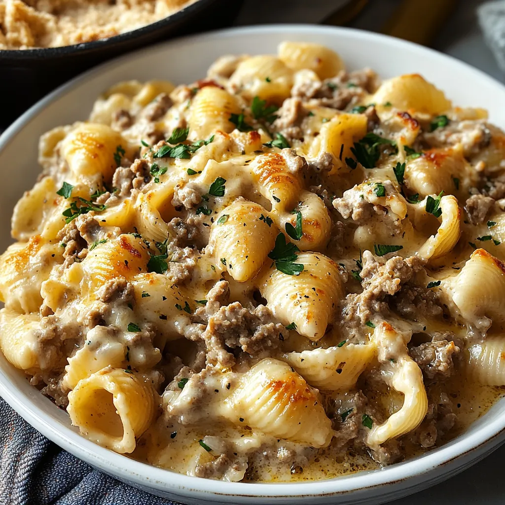 Easy Rich and Comforting Creamy Beef Shells Casserole