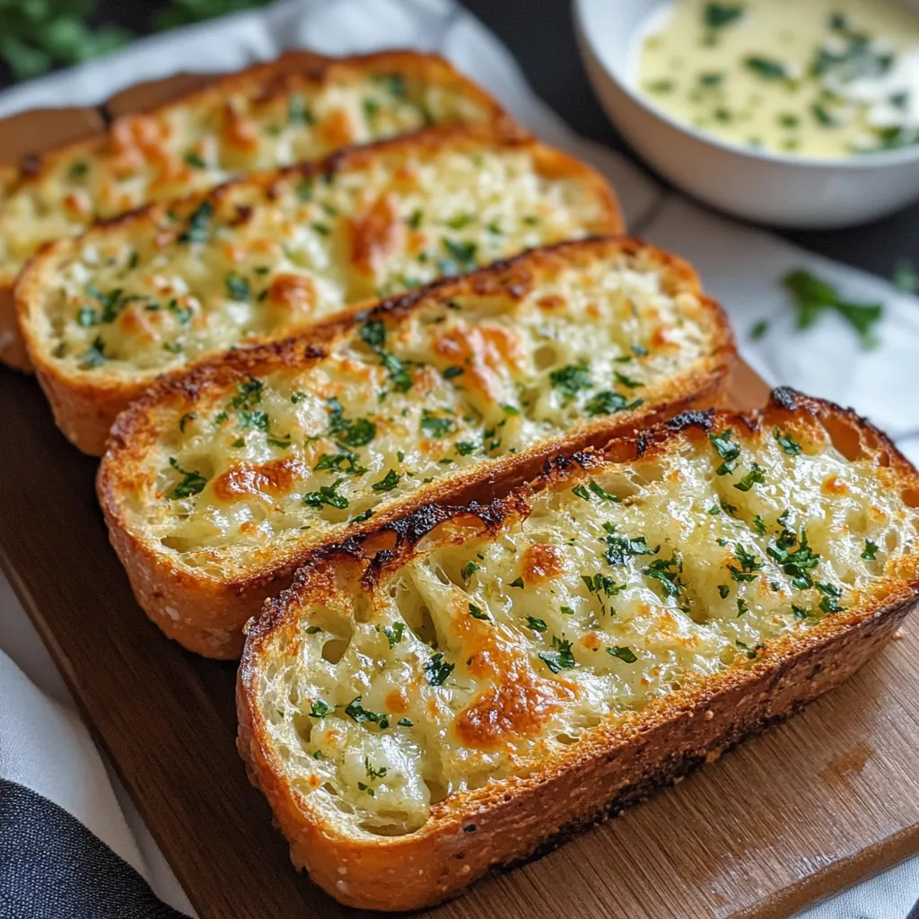 Four pieces of toasted bread with cheese and herbs on a wooden cutting board.