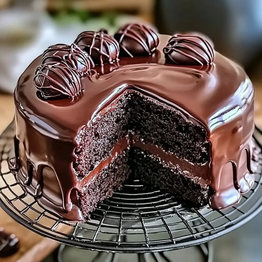 A slice of chocolate cake on a wire rack.