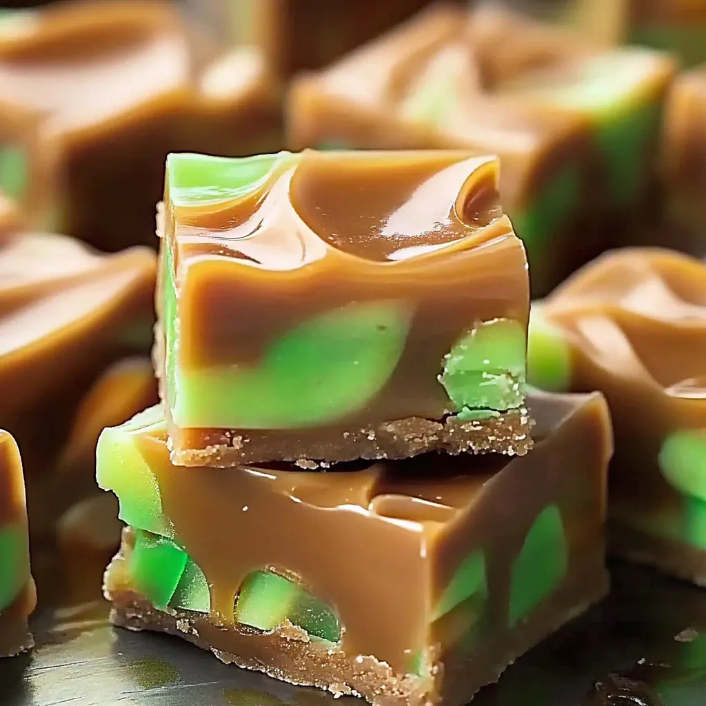 A square of chocolate candy with green swirls.