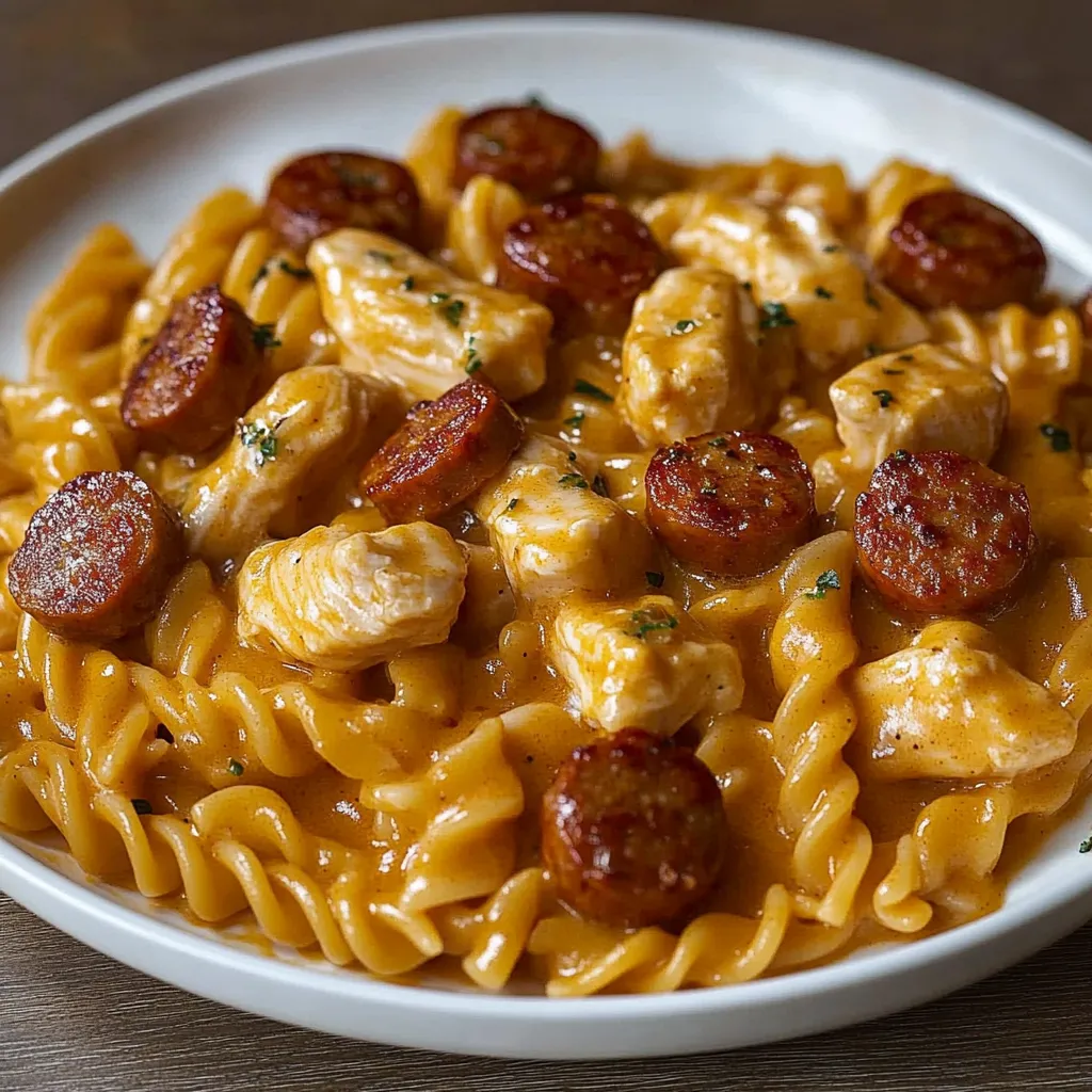 A plate of pasta with sausage and chicken.