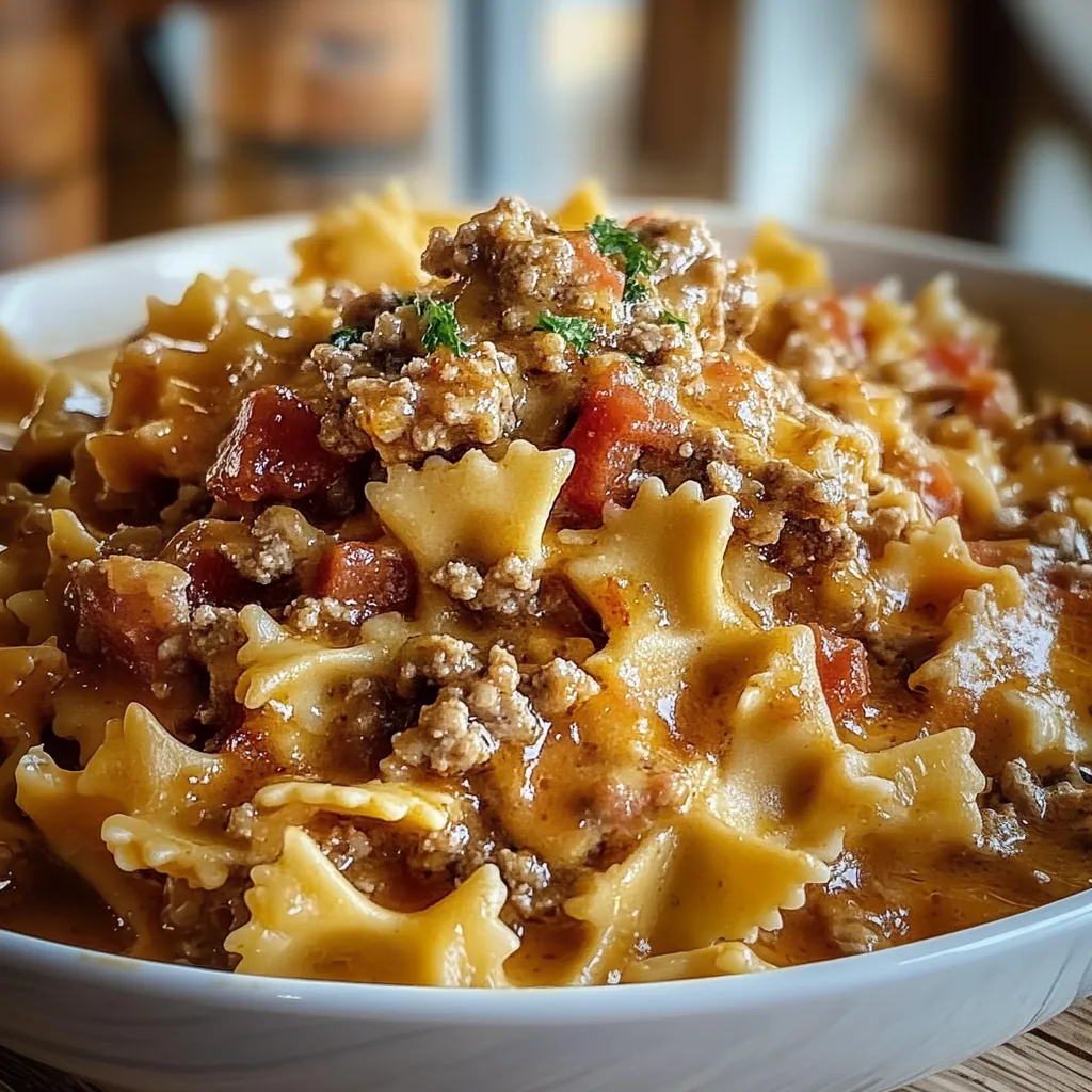 A bowl of pasta with meat and tomatoes.