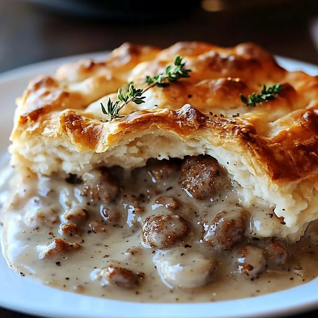 Sausage, Rich Gravy, and Biscuit Pie