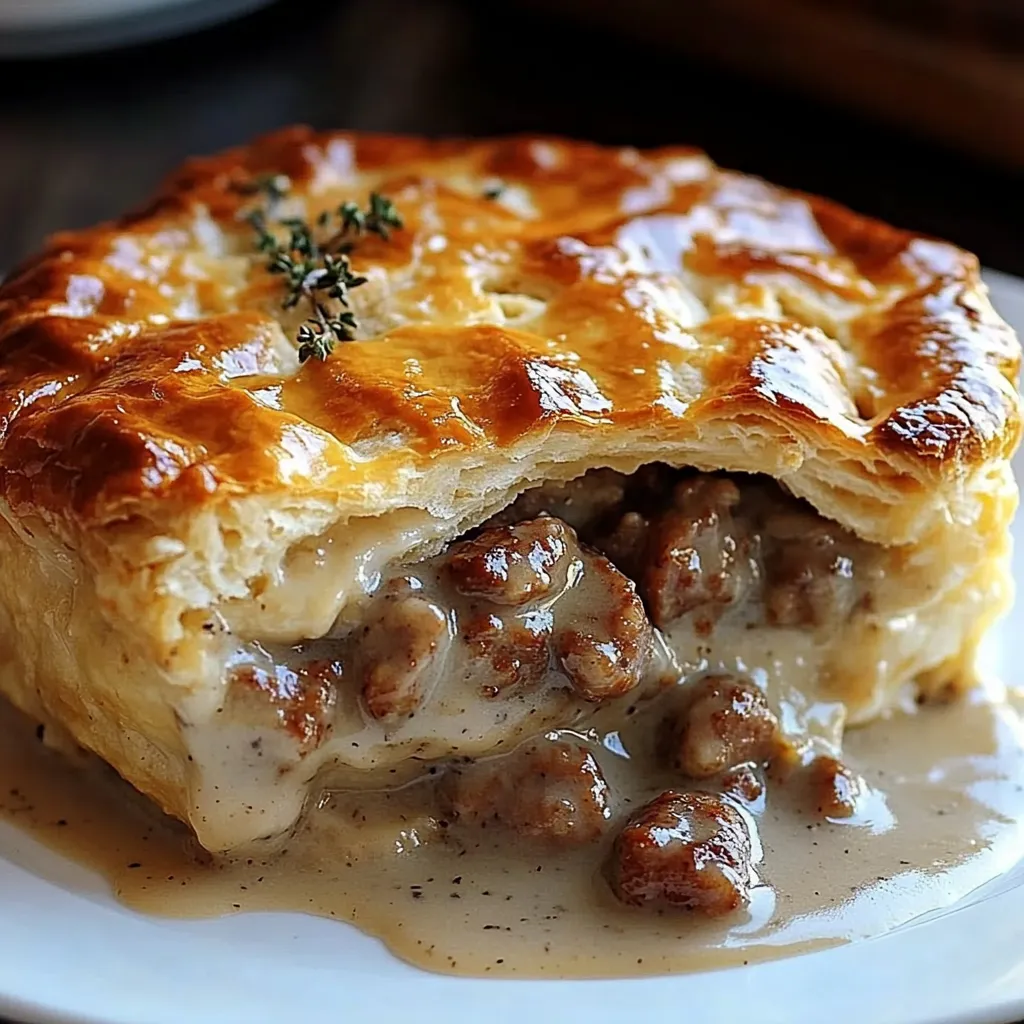 A pastry with meat and gravy on a white plate.