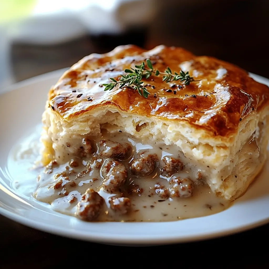Sausage, Rich Gravy, and Biscuit Pie