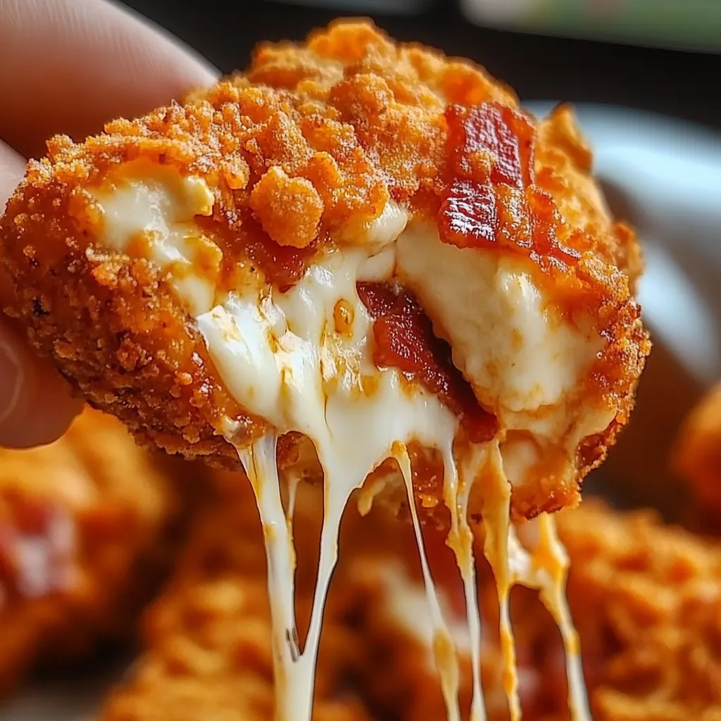 A hand holding a piece of food with cheese and bacon.