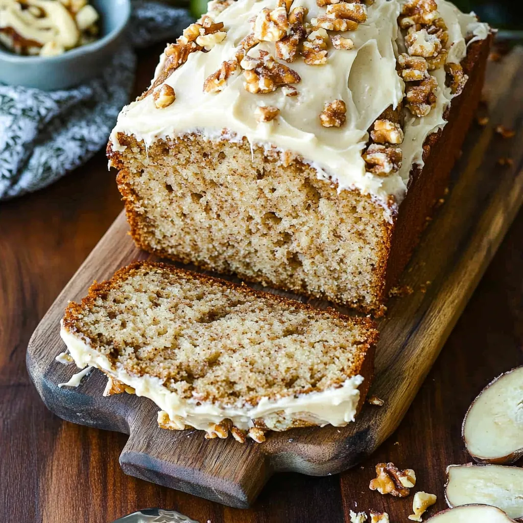 A slice of cake with walnuts on a wooden cutting board.