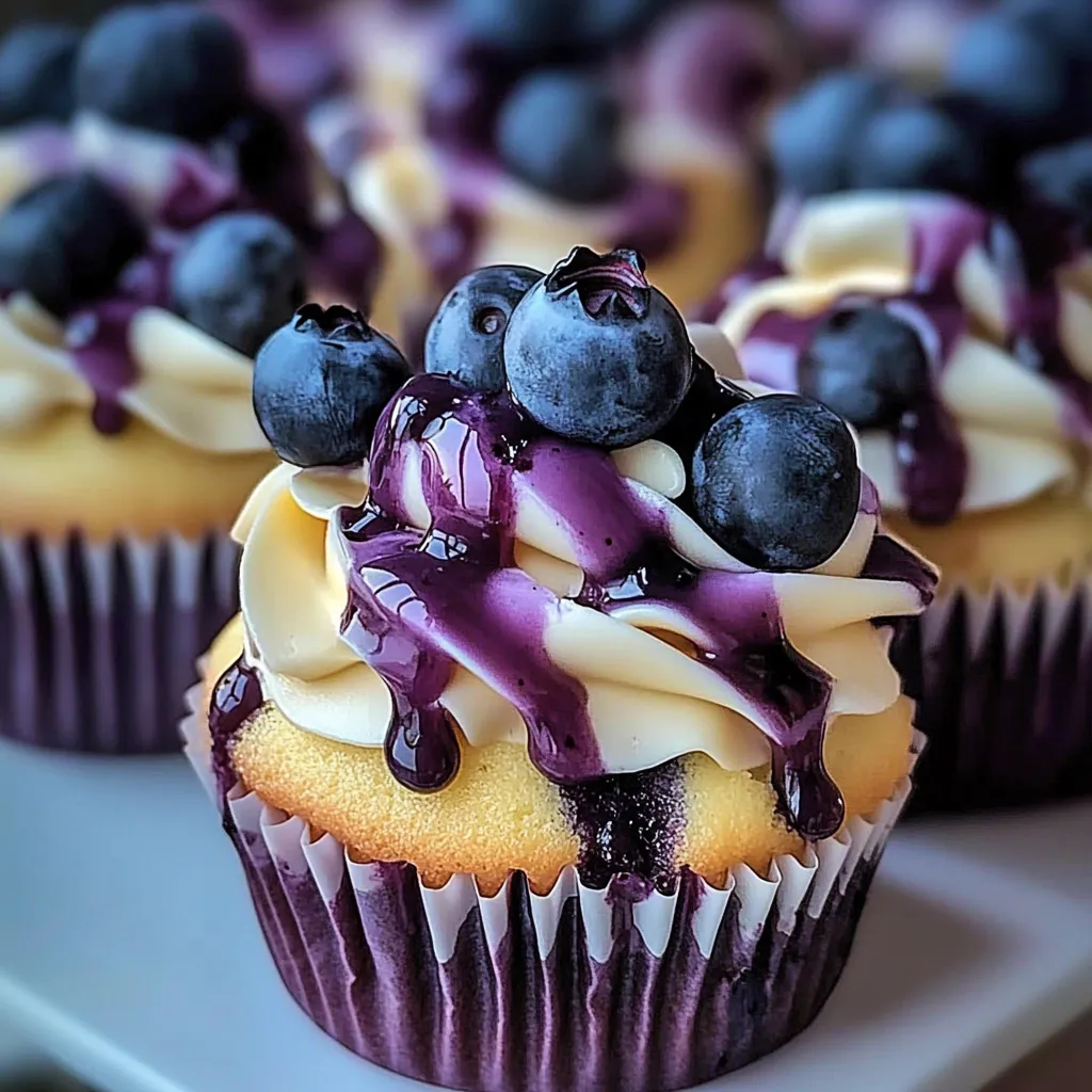 A cupcake with blueberries and white frosting.