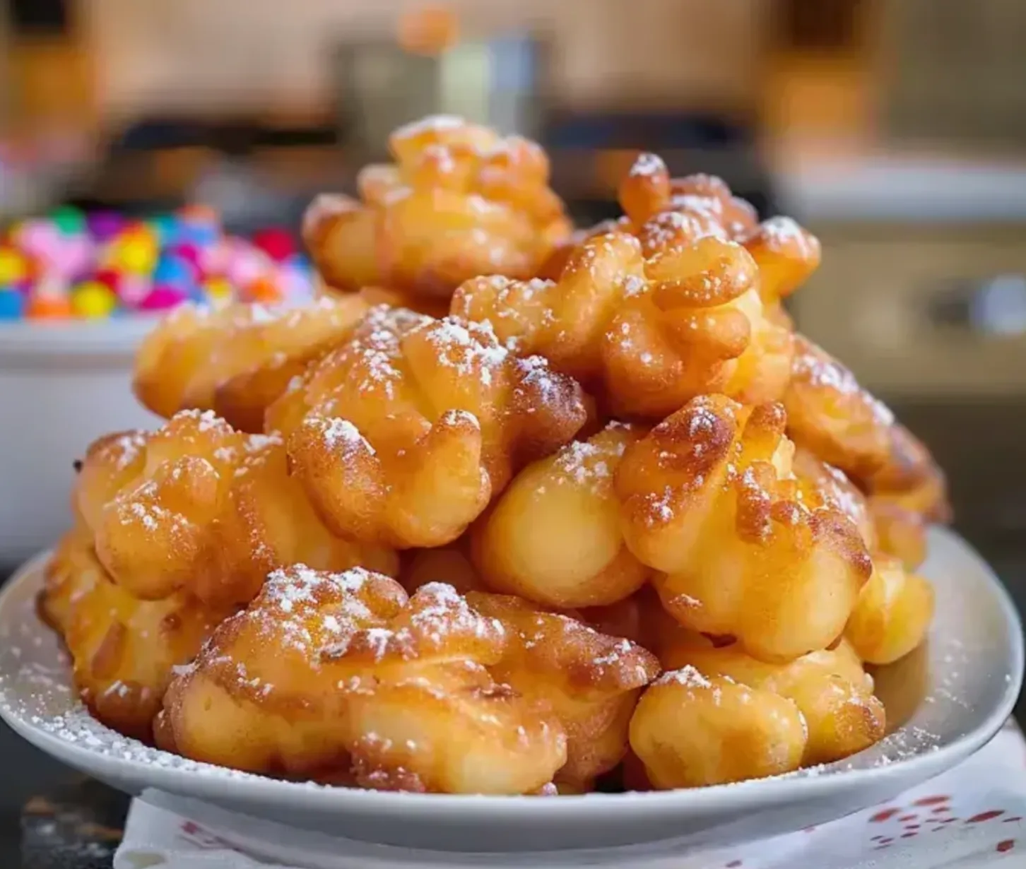 A plate of powdered sugar covered doughnuts.