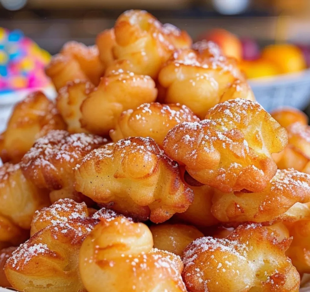 A stack of doughnuts covered in powdered sugar.