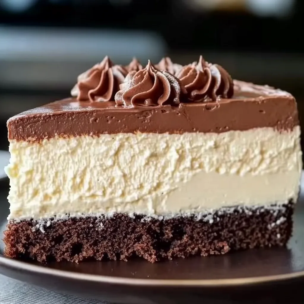 A slice of chocolate and vanilla cake.