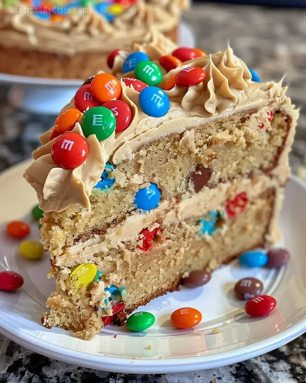 A slice of cake with M&M's on top.