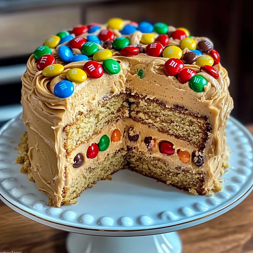 A cake with M&M's on it.