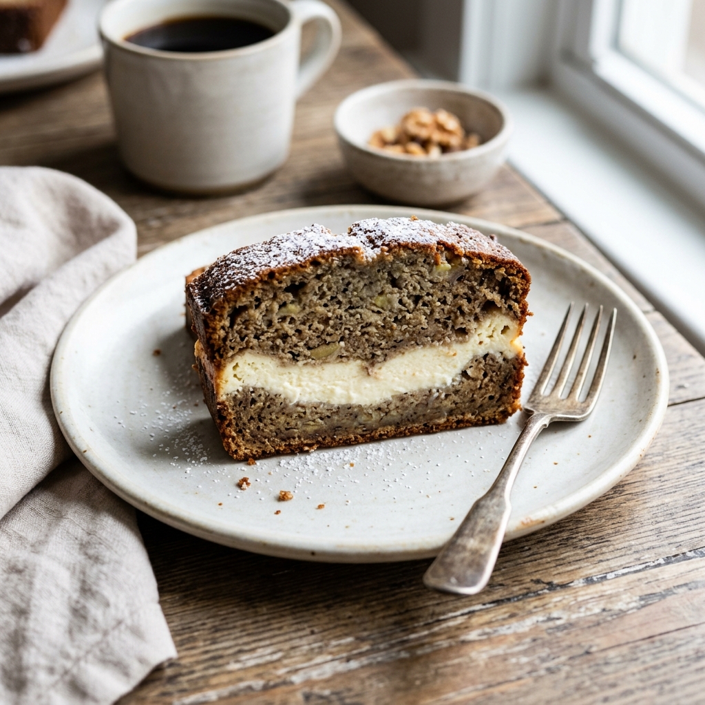 A slice of cheesecake stuffed banana bread.