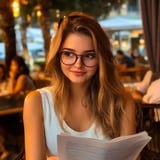 A young woman with long, wavy hair wearing glasses is seated at a table, holding a menu and looking thoughtfully to the side in a softly lit restaurant.