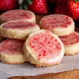 A close-up of several round strawberry-flavored cookies with a glossy pink icing on top, arranged on a wooden surface with fresh strawberries in the background.