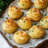 A tray of beautifully baked, golden potato rosettes garnished with fresh parsley.