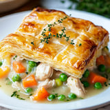 A golden, flaky pastry topped with fresh thyme sits over a creamy chicken and vegetable filling of peas and carrots on a white plate.