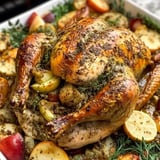 A beautifully roasted chicken surrounded by assorted vegetables and garnished with herbs and lemon slices.