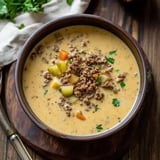 A bowl of creamy soup with ground meat and diced vegetables, garnished with fresh parsley, sits on a wooden surface.