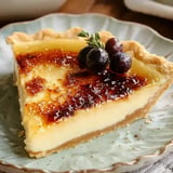 A slice of creamy vanilla pie with a caramelized top, garnished with blueberries and a sprig of mint, served on a decorative plate.