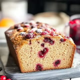 A freshly baked loaf of cranberry bread, featuring visible cranberries and a golden-brown crust, is displayed on a gray serving board.