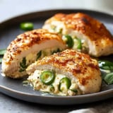 A plate of golden-brown stuffed chicken breasts with visible green jalapeños and creamy filling.