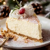 A slice of creamy cheesecake topped with whipped cream, a sprig of rosemary, and a cranberry sits on a decorative plate, sprinkled with powdered sugar.