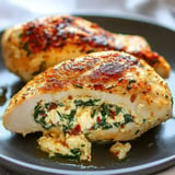 A plate of golden-brown stuffed chicken breasts, one cut in half to reveal a filling of spinach, cheese, and herbs.